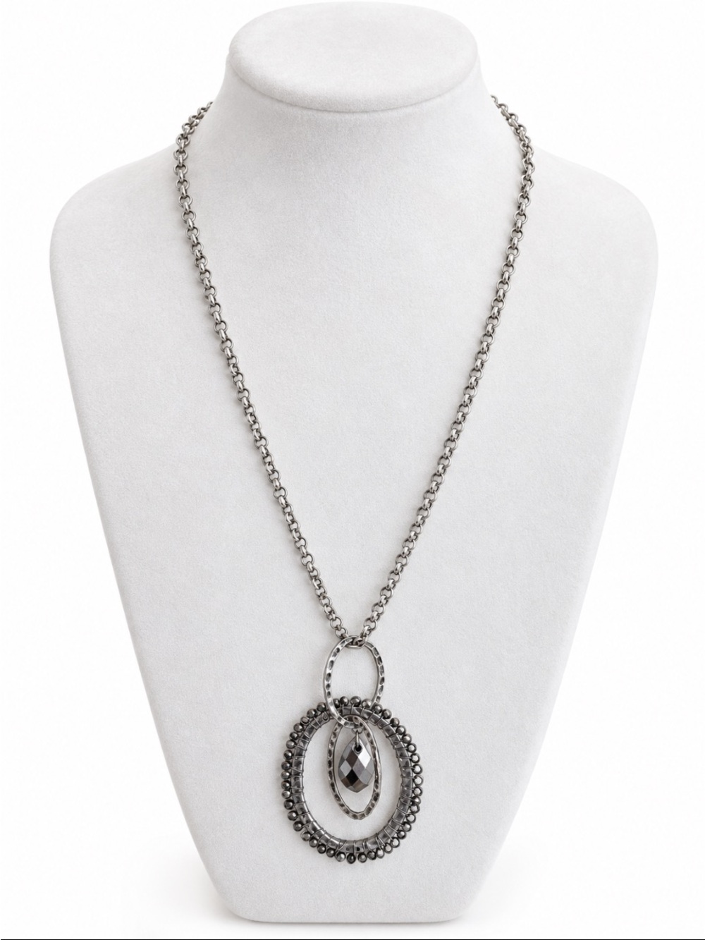Silver Tone & Gunmetal Oval Teardrop Pendant Long Statement Necklace